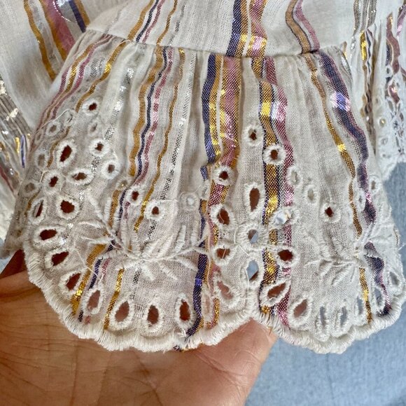 Sea New York Cream Metallic Striped Eyelet Ruffle Long Puff Sleeve Short Dress - Picture 10 of 17